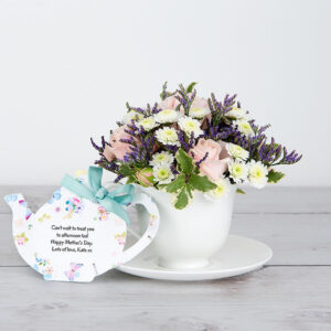 Mother's Day Teacup and Flowers with Spray Rose, Chrysanthemum, Lilac Limonium and Pittosporum